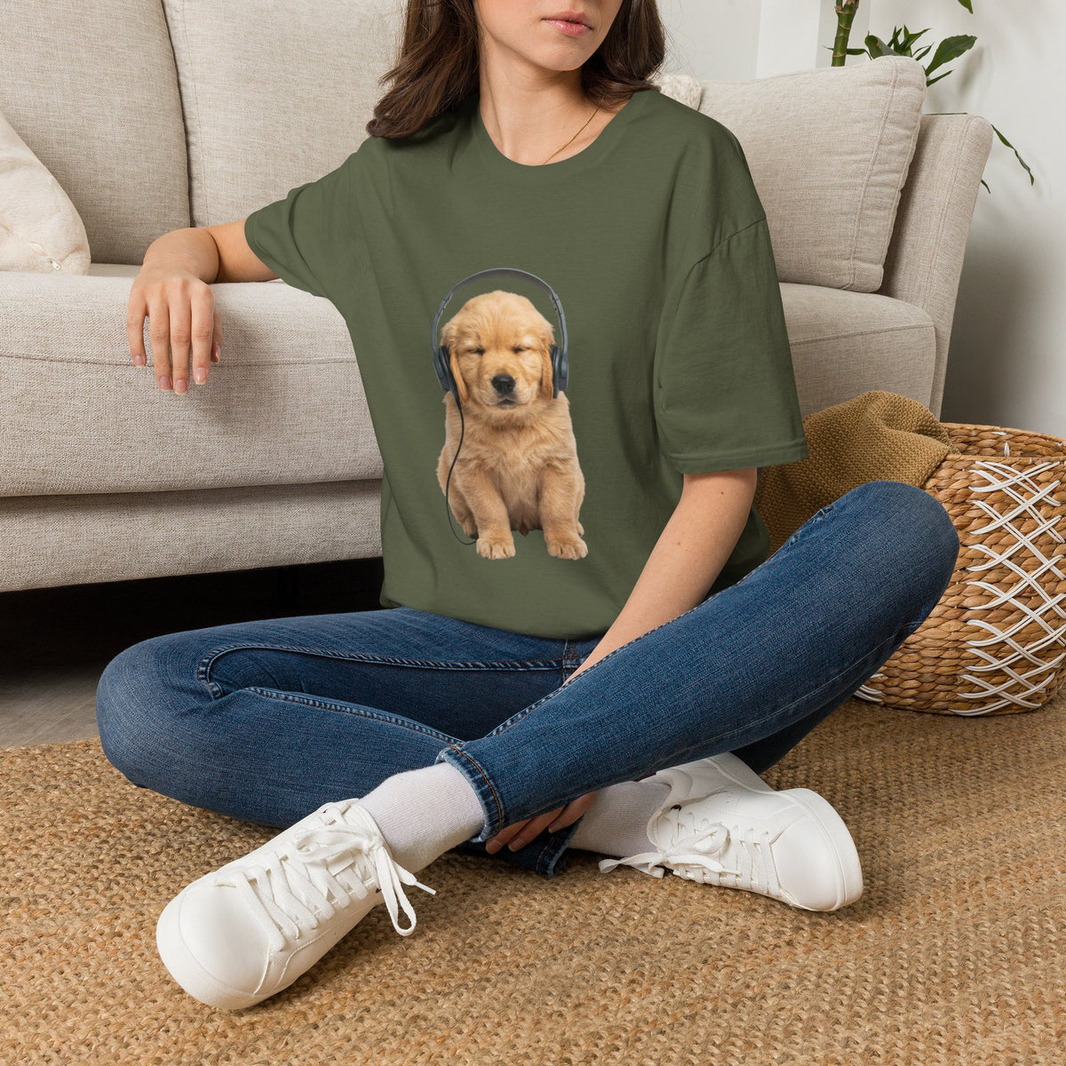 Baby Golden Retriever listening to music