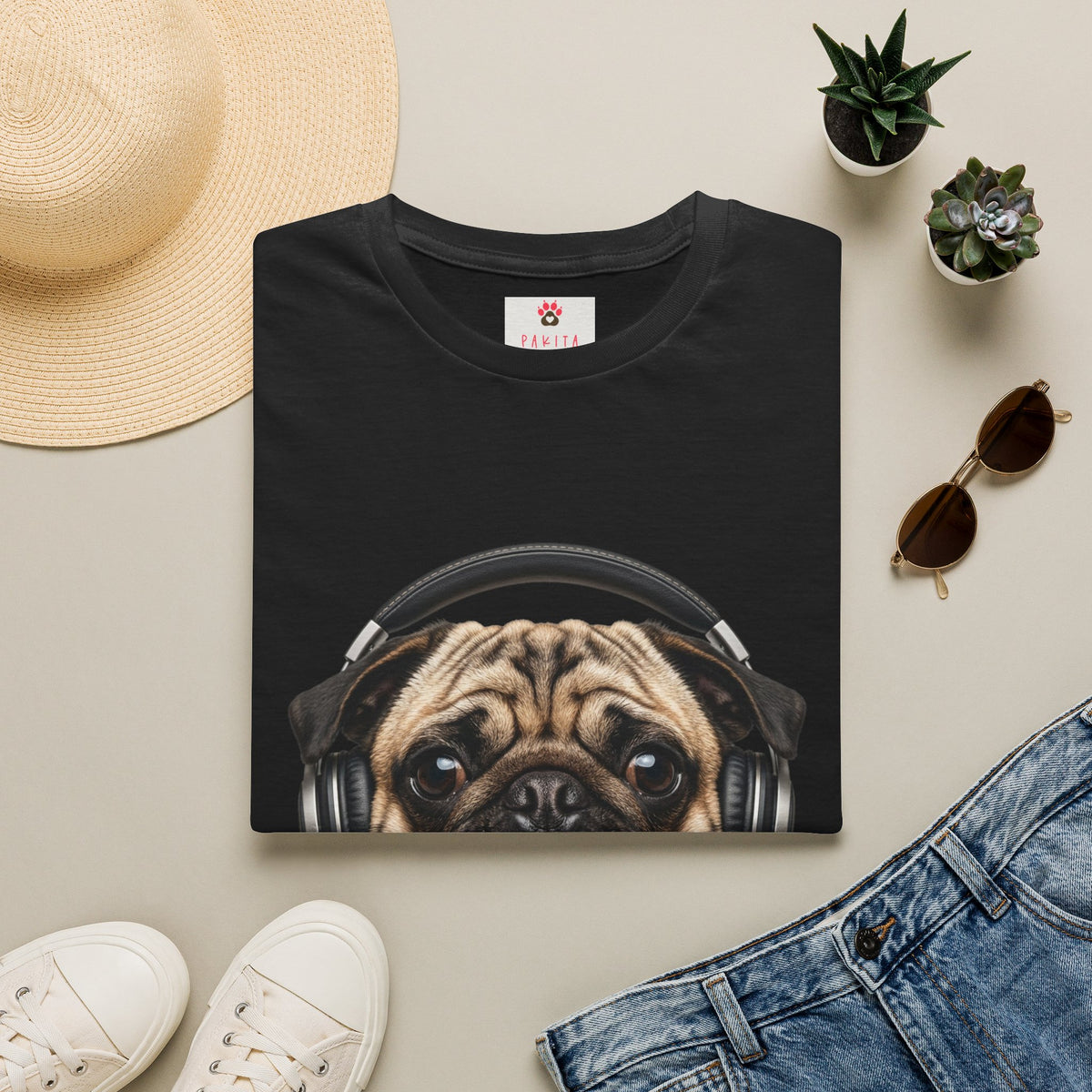 Pug with Headphones T-Shirt — Cute Music Dog Tee