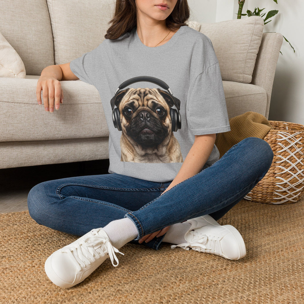 Pug with Headphones T-Shirt — Cute Music Dog Tee
