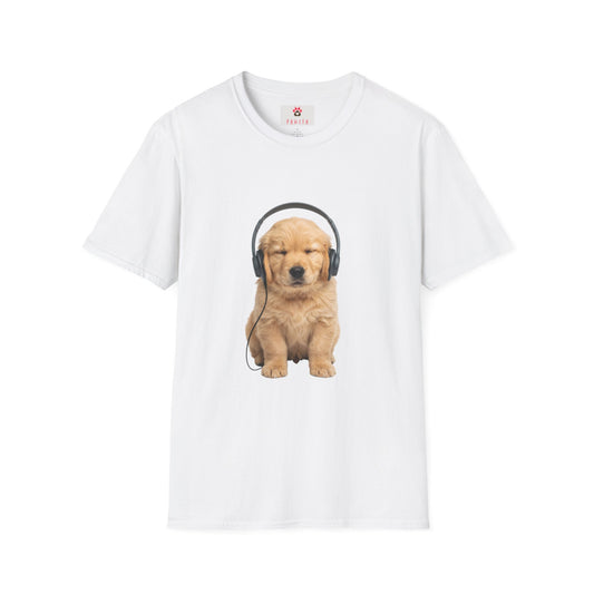 Baby Golden Retriever listening to music
