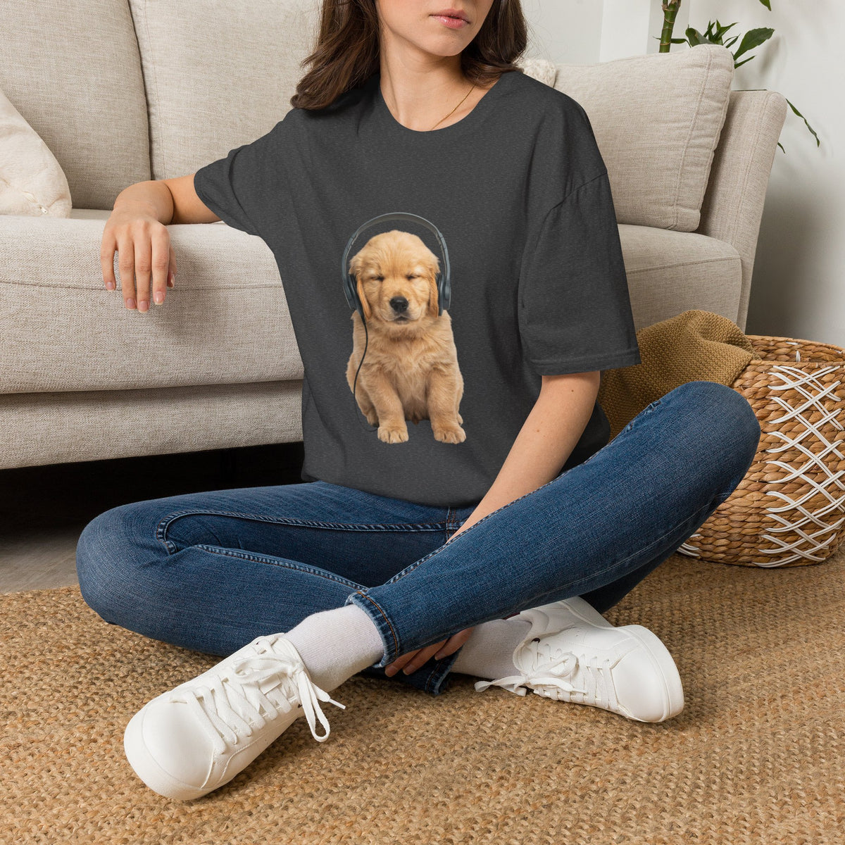 Baby Golden Retriever listening to music