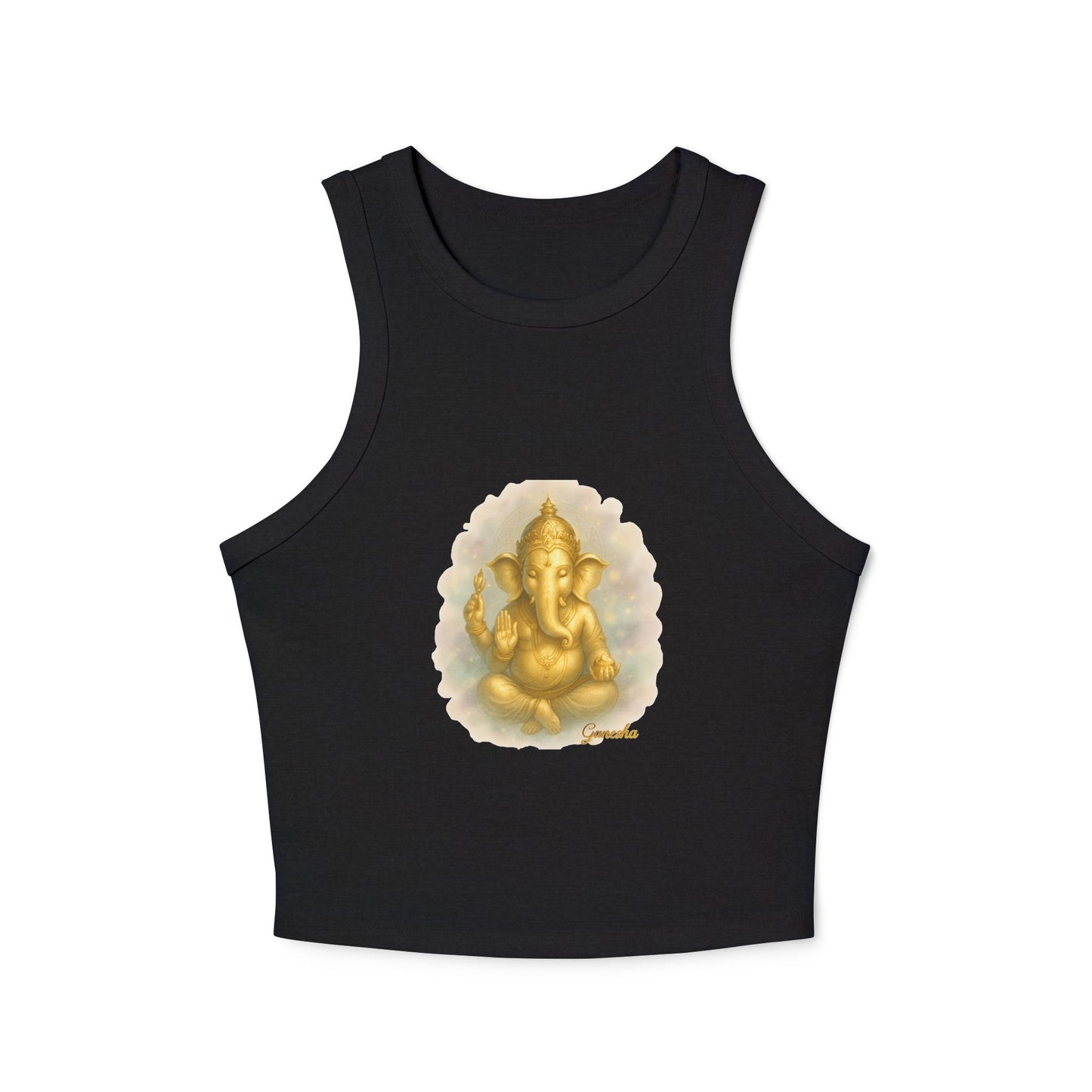 Golden Ganesh Inspired Women's Micro Rib Racer Tank Top, Spiritual Yoga Top, Casual Summer Wear, Festival Outfit, Gift for Her