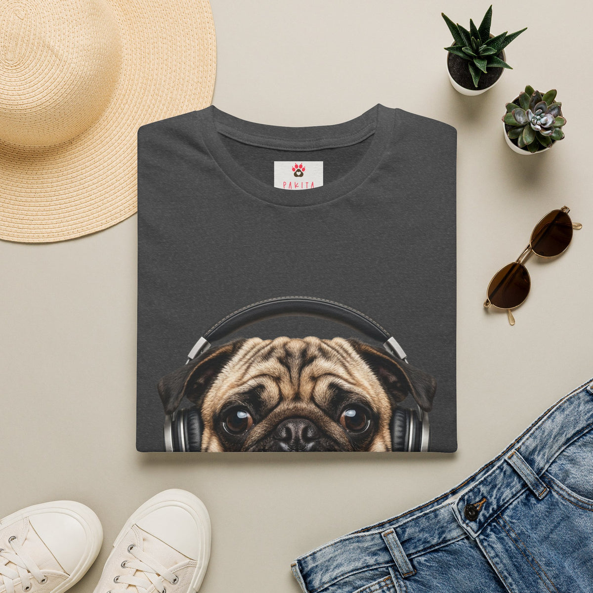 Pug with Headphones T-Shirt — Cute Music Dog Tee
