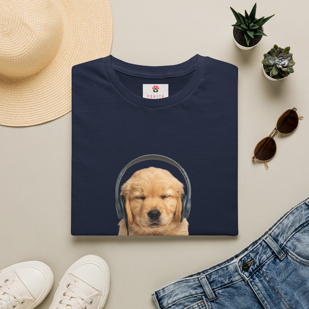 Baby Golden Retriever listening to music