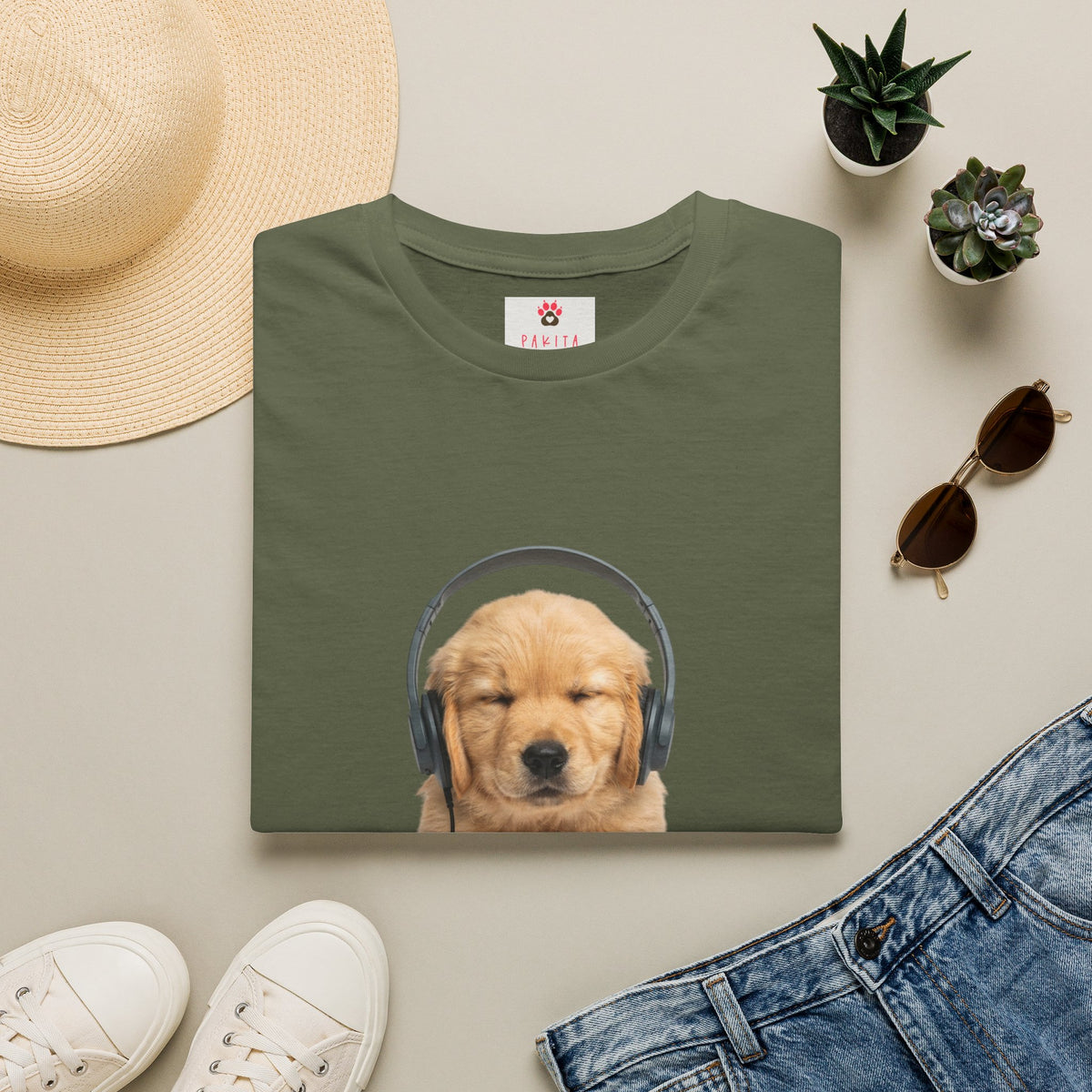 Baby Golden Retriever listening to music