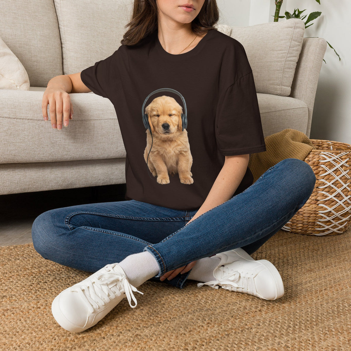 Baby Golden Retriever listening to music