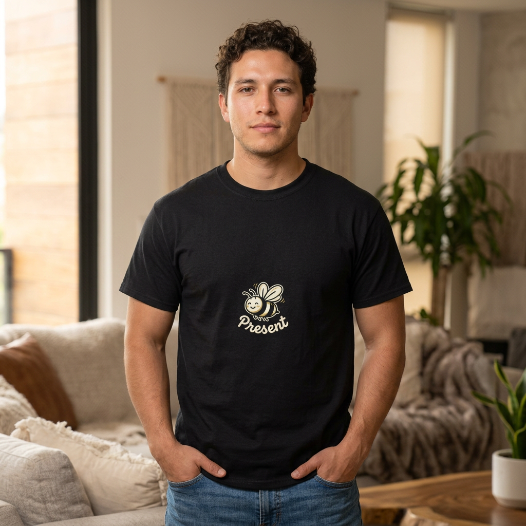 Smiling Sun "Present" Minimal Chest Tee — Casual Positive Vibe T‑Shirt