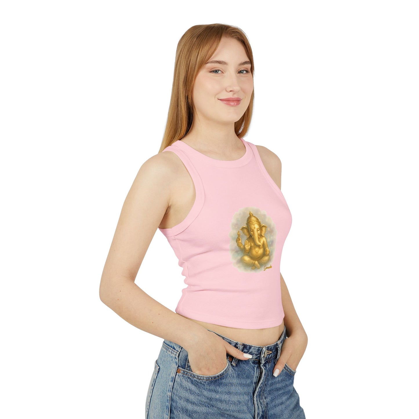 Golden Ganesh Inspired Women's Micro Rib Racer Tank Top, Spiritual Yoga Top, Casual Summer Wear, Festival Outfit, Gift for Her
