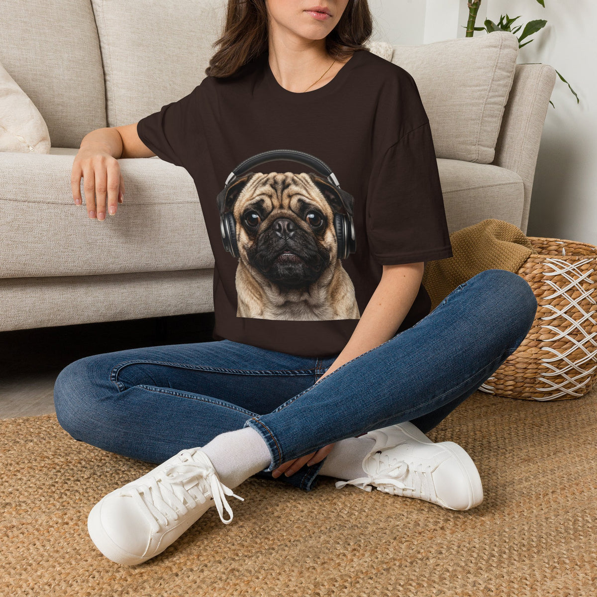 Pug with Headphones T-Shirt — Cute Music Dog Tee