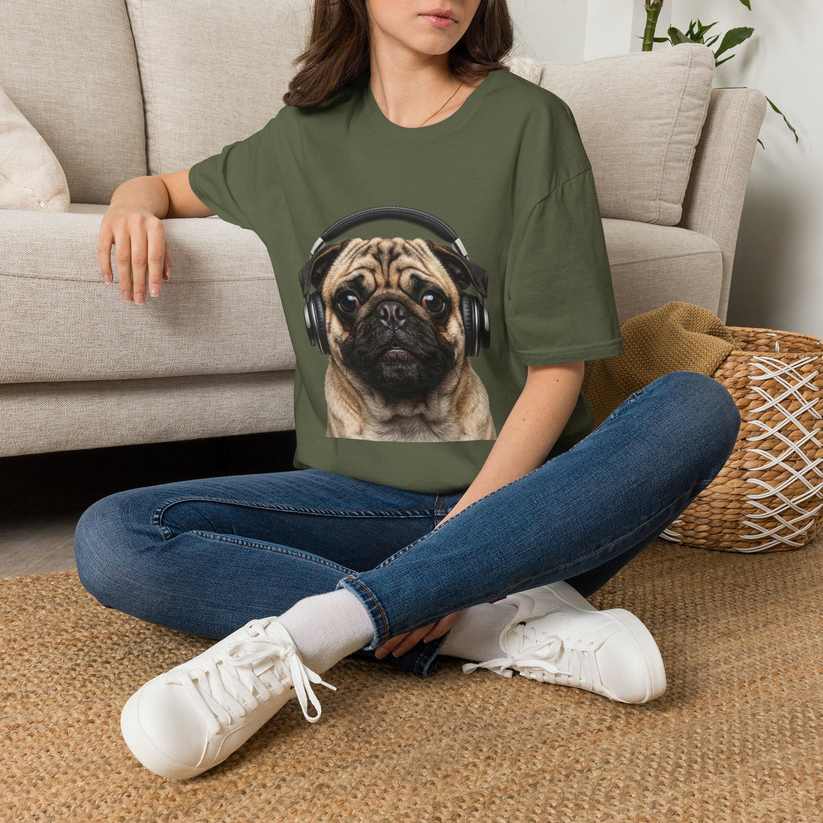 Pug with Headphones T-Shirt — Cute Music Dog Tee
