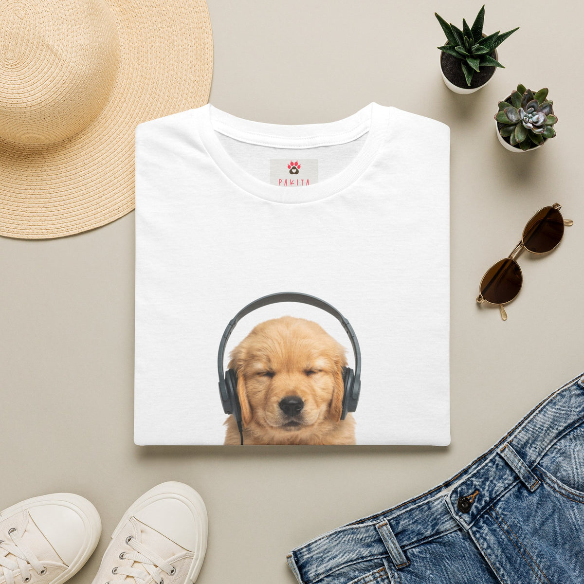 Baby Golden Retriever listening to music
