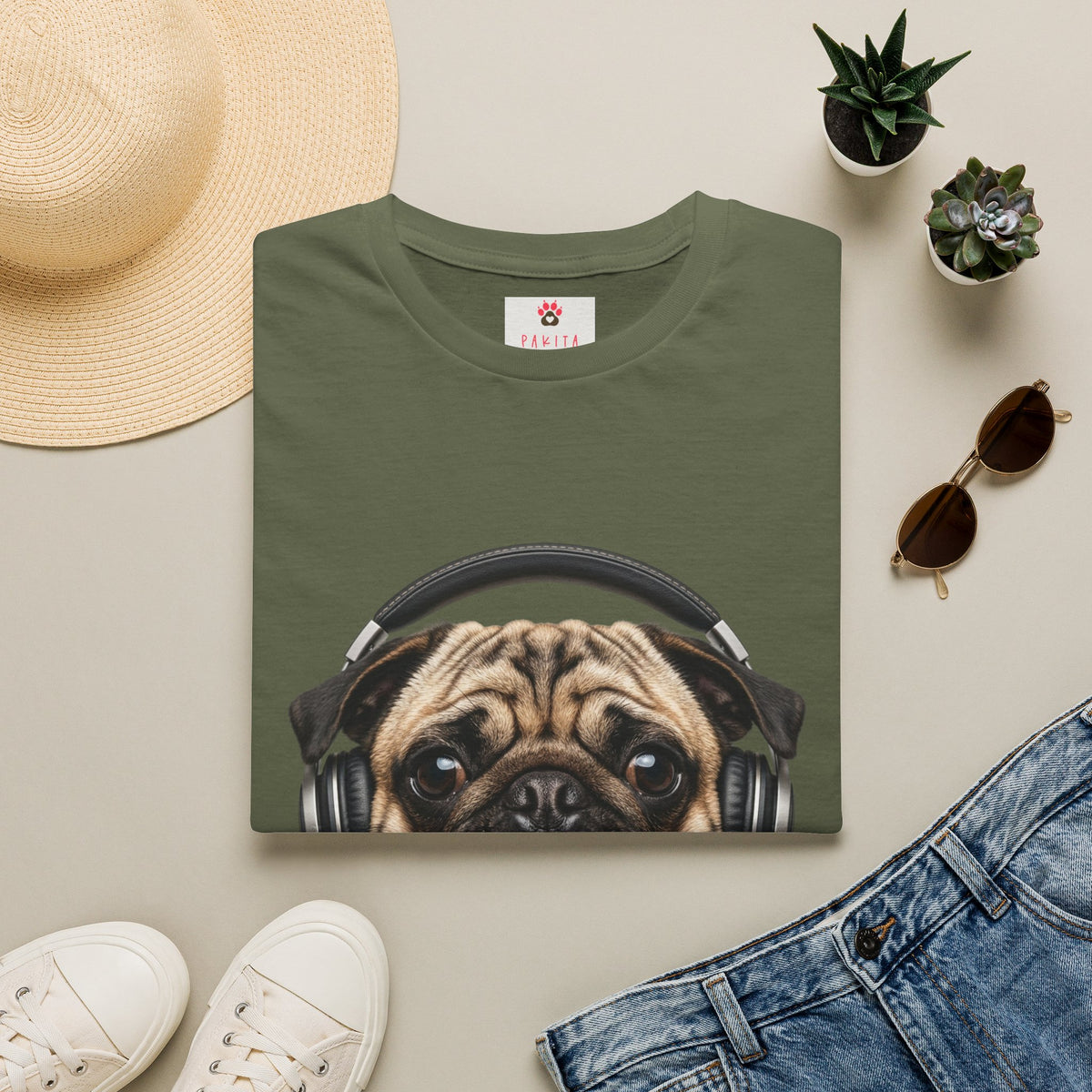Pug with Headphones T-Shirt — Cute Music Dog Tee