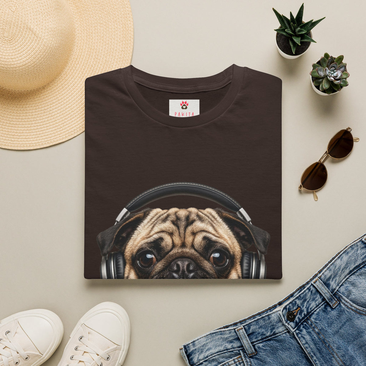Pug with Headphones T-Shirt — Cute Music Dog Tee